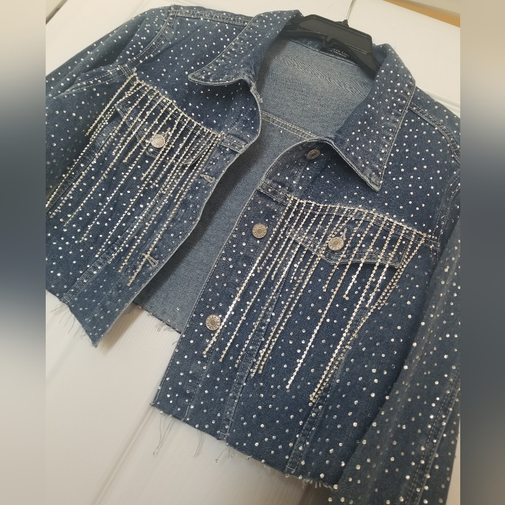 Womens Crop Rhinestone Fringe Jean Denim Jacket Casual Cowgirl Tasel Blinged Out - Picture 2 of 7